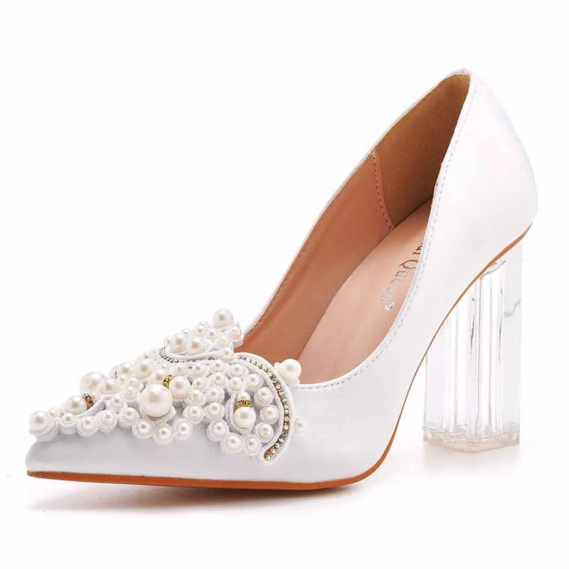 Women's Low Block Heel Sandals Chunky Pearl Wedding Shoes With Clear Heels