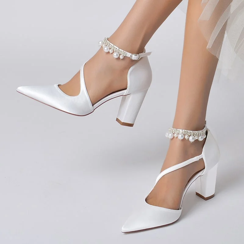 Women's Strappy Chunky Heels Closed Pointed Toe Satin Pump Heel Prom Sandals