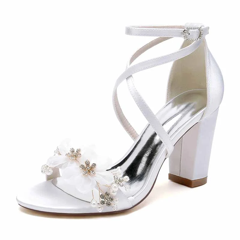 Women's Wedding Shoes Satin Block Heel Open Toe Wedding Sandals Bridal Shoes