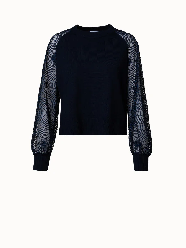 Wool Knit Pullover with Metallic 3D Dot Embroidery Sleeves