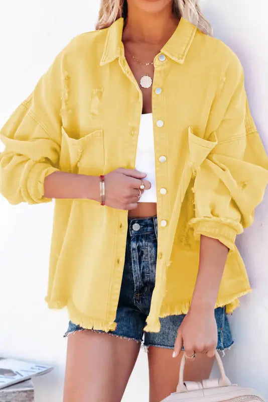 Yellow Distressed Fringe Trim Denim Jacket