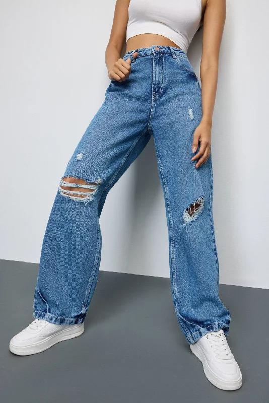 Mid Blue Grunge Style Ripped Jeans