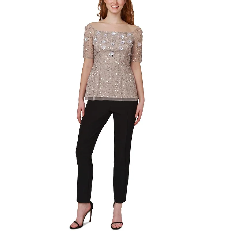 women's top organic cotton -Adrianna Papell Womens Beaded Embroidered Off the Shoulder