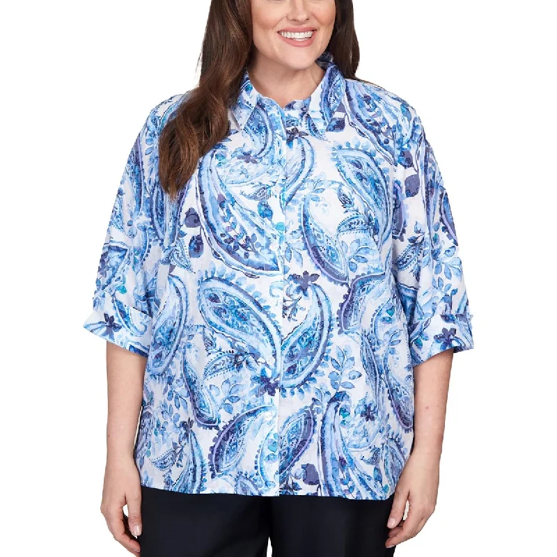 women's top for vacation -Alfred Dunner Womens Plus Collared Paisley Button-Down Top