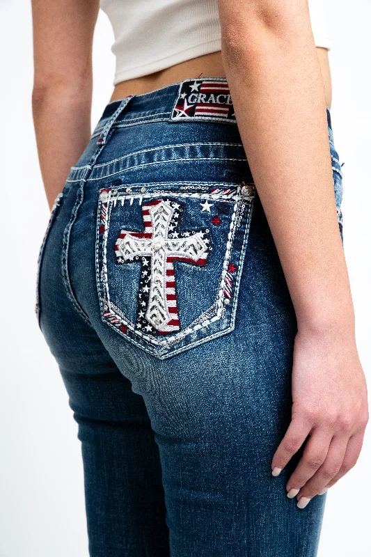 American Flag Cross Embellished Mid Rise Capris