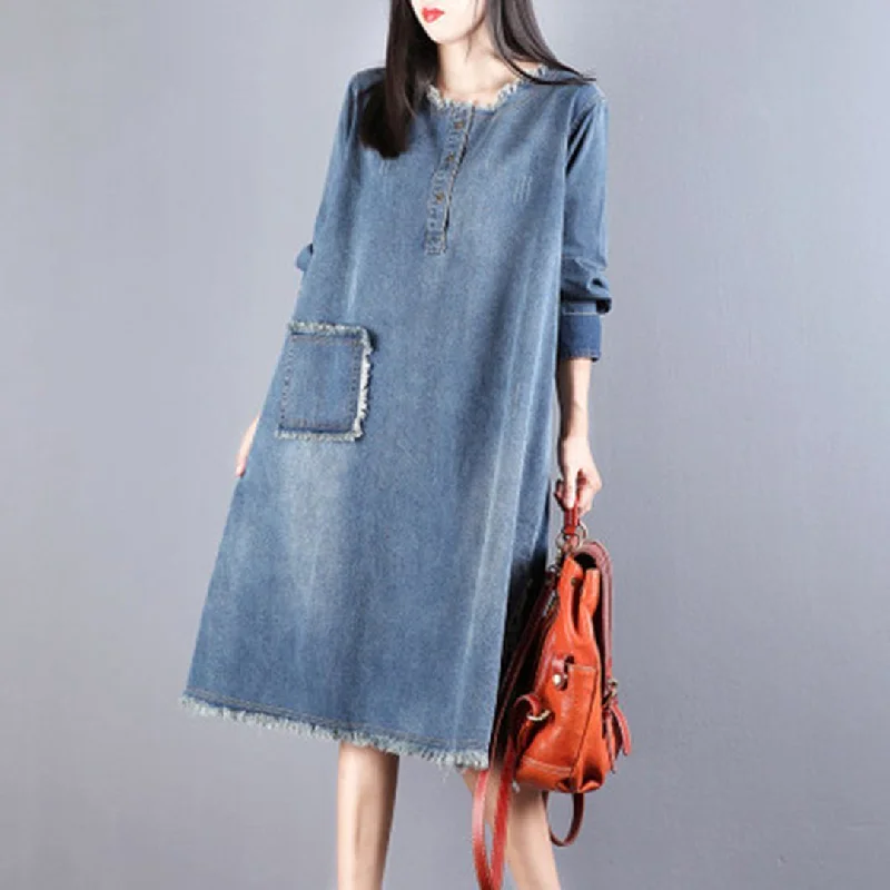 BABAKUD Women Denim Casual Burr Loose Long Sleeve Dress