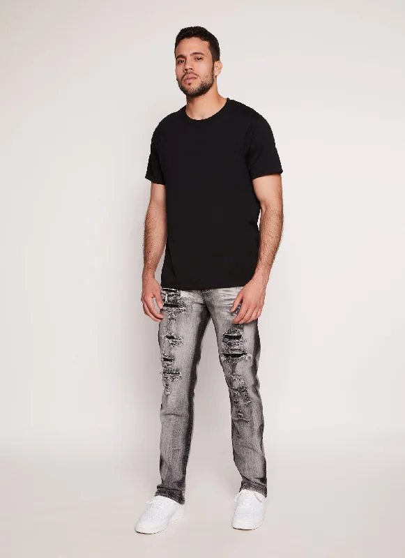 Mens Acid Wash Patch and Repair Skinny Leg Jeans