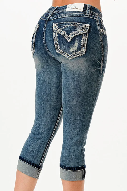 Border Faux Flap Embellished Mid Rise Capri Jeans