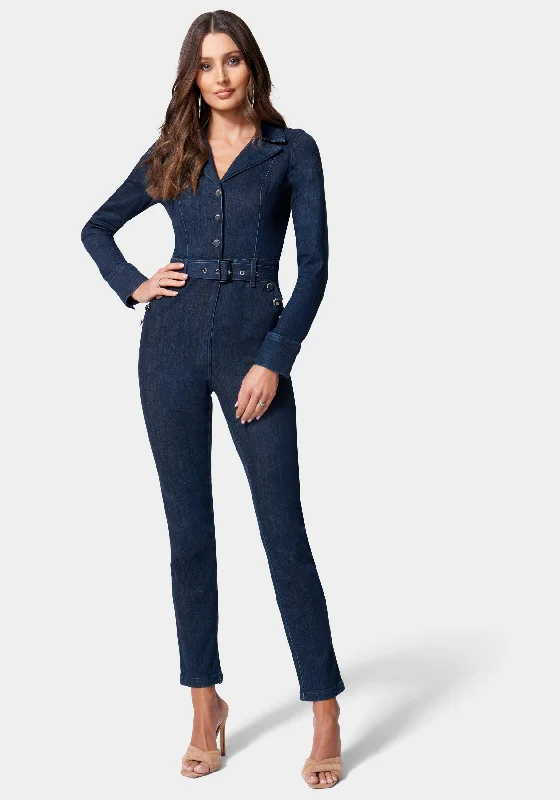 Button Detail Skinny Denim Jumpsuit