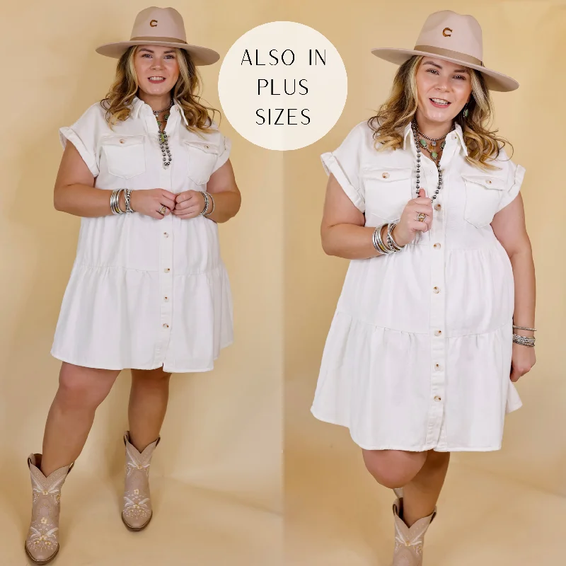 Latest Obsession Button Up Denim Tiered Dress in Ivory