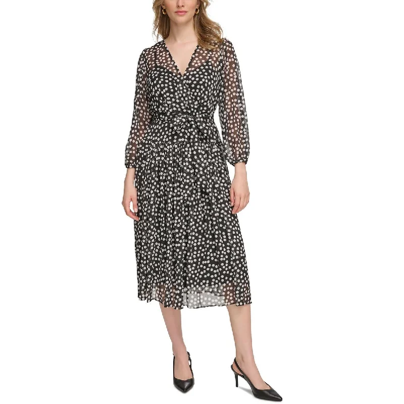 Calvin Klein Womens Chiffon Polk-Dot Wrap Dress