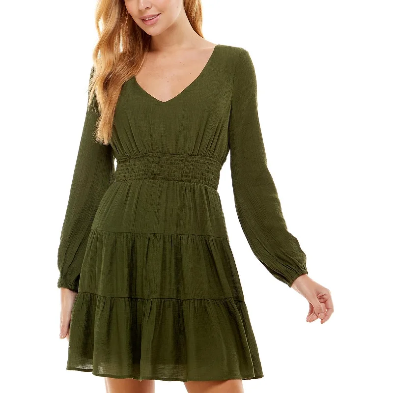 City Studio Womens Juniors Smocked Long Sleeves Fit & Flare Dress