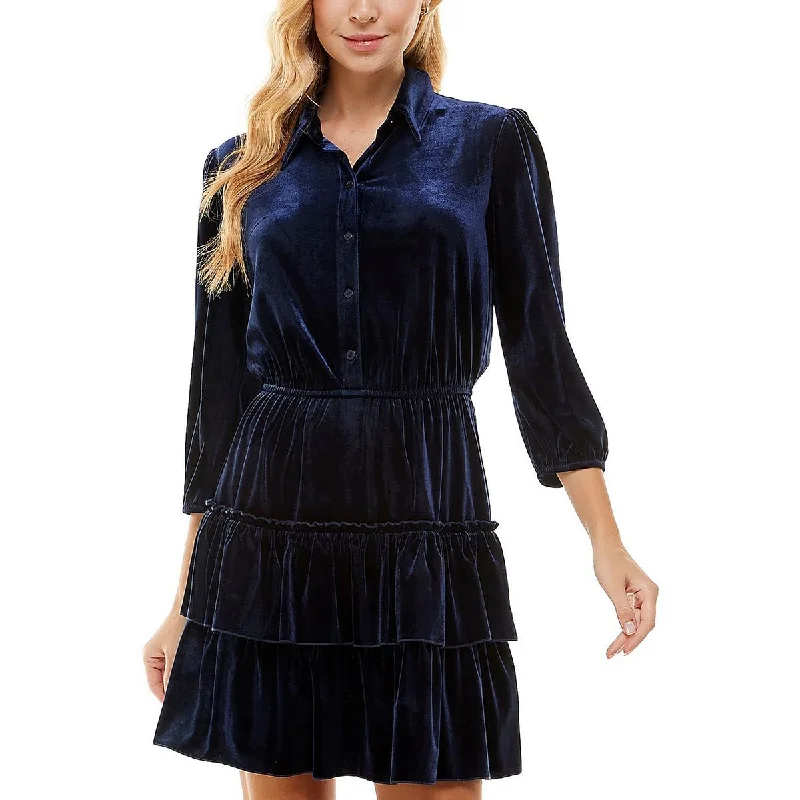 City Studios Womens Juniors Velvet Collared Fit & Flare Dress