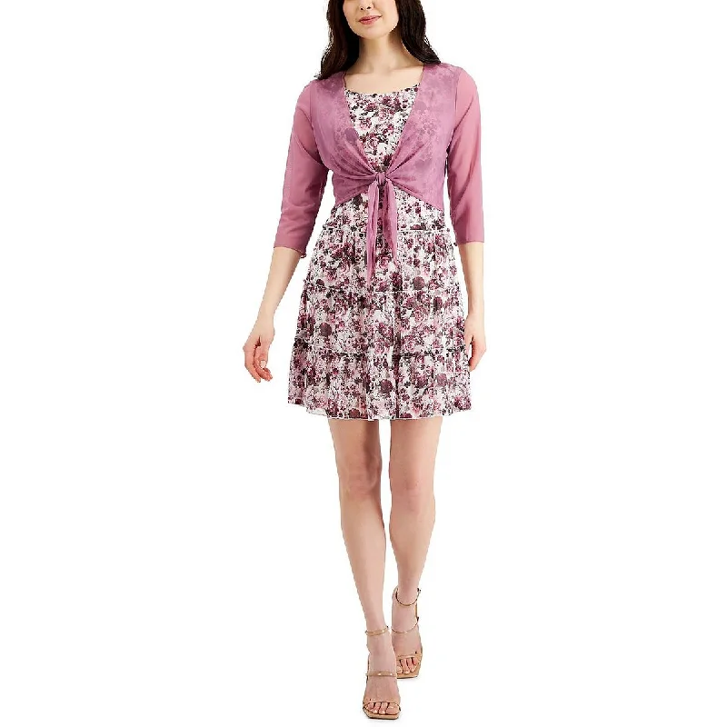 Connected Apparel Womens Petites Floral Mesh Jacket Fit & Flare Dress