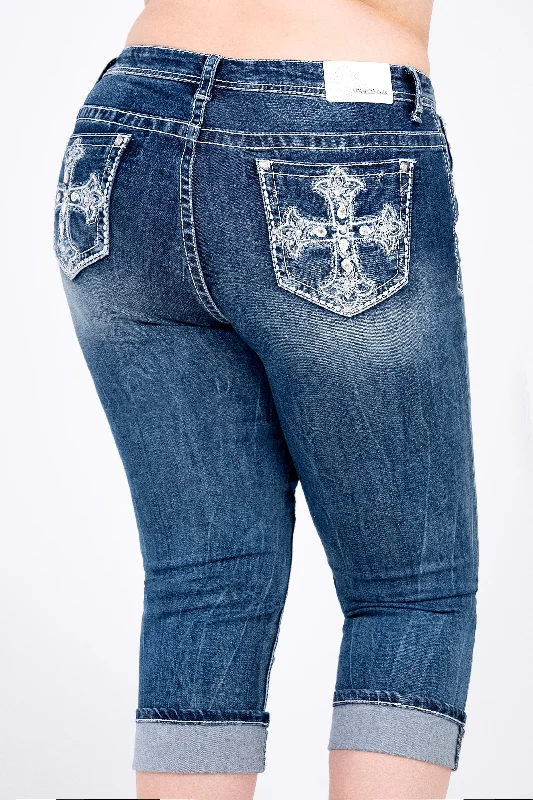 Cross Embellished Plus Size Women's Capri Jeans