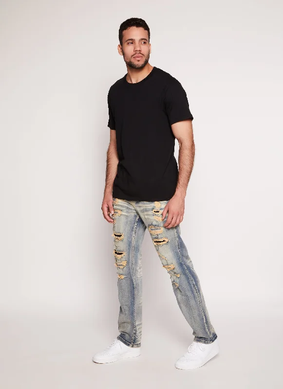 Mens Acid Wash Patch and Repair Skinny Leg Jeans