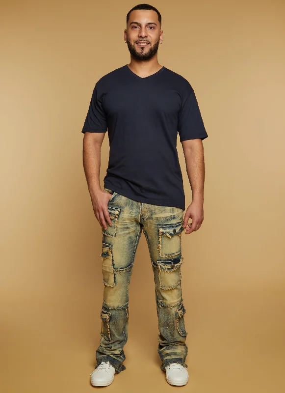 Mens Frayed Hem Cargo Pocket Jeans