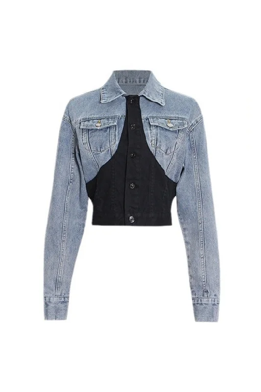 Deconstructed Hybrid Button Down Long Sleeve Cinch Waist Crop Denim Jacket