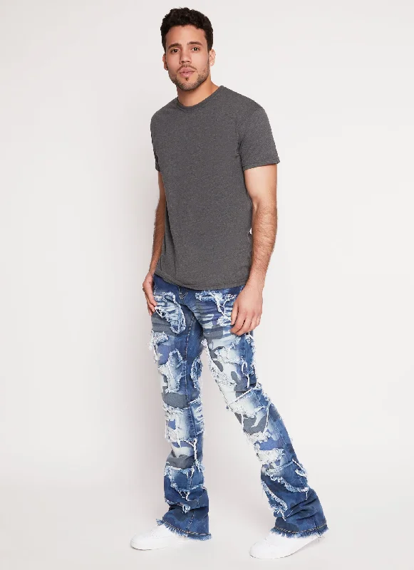 Mens Camo Distressed Boot Cut Jeans