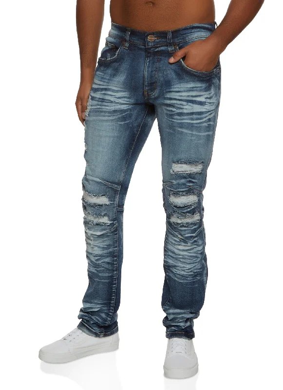 Mens Distressed Whiskered Moto Jeans