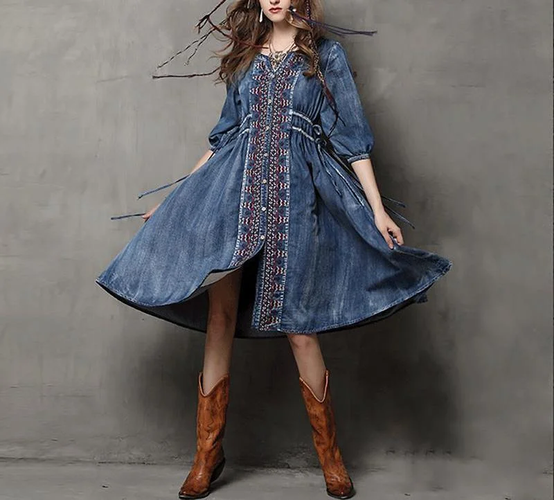 Drawstring Ethnic Embroidered Blue Denim Dresses