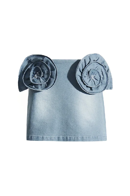 Enchanting Double 3D Rosette Faded Wash Bodycon Denim Mini Skirt