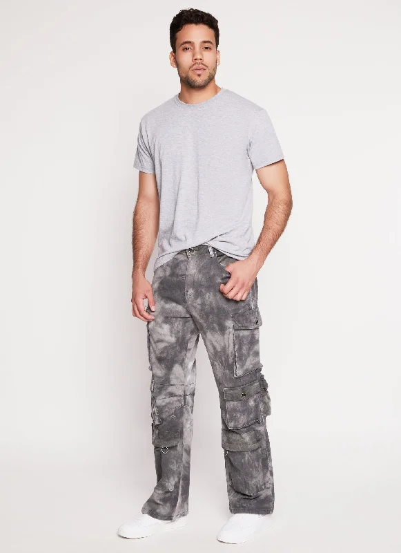 Mens Tie Dye Acid Wash Cargo Jeans