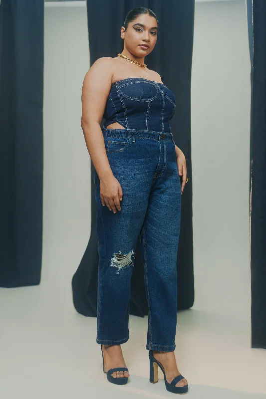 Indigo Elasticated Distress Mom Jeans