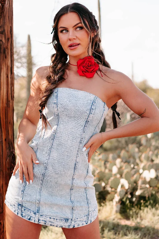 Just Another Crush Strapless Denim Mini Dress (Light Wash)