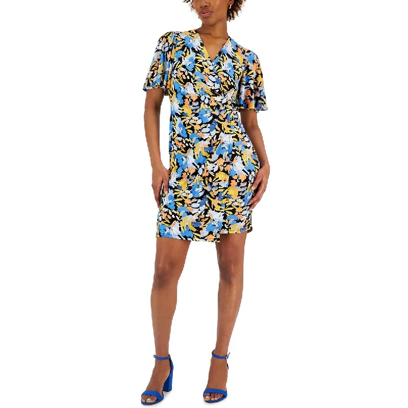 Kasper Womens Petites Floral Print Jersey Wrap Dress