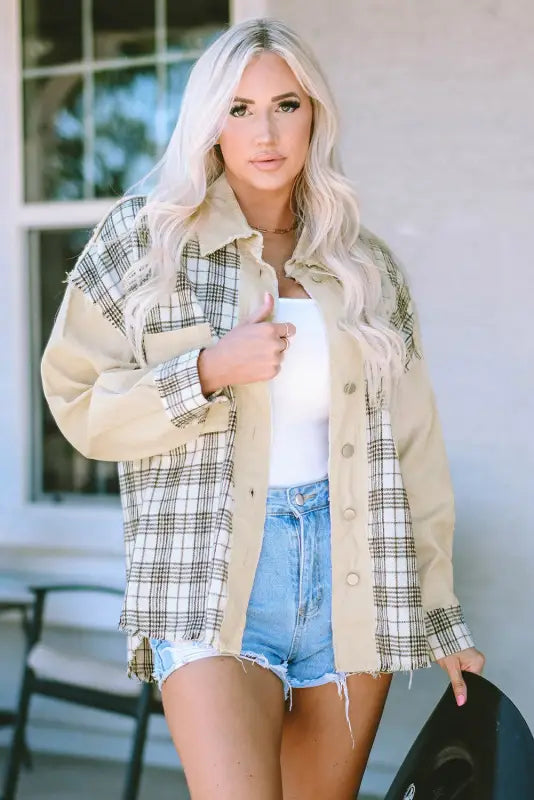 Plaid Patchwork Denim Jacket - Khaki, Distressed, Raw Edge