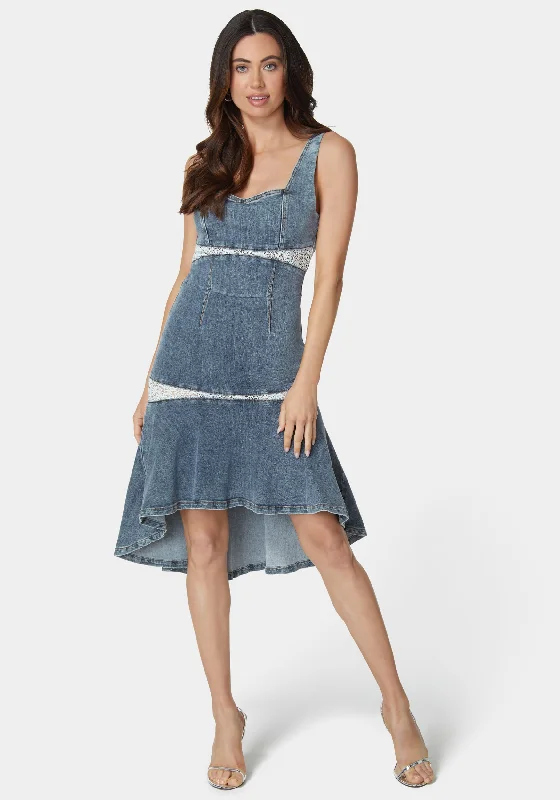 Lace Insert High Low Denim Dress