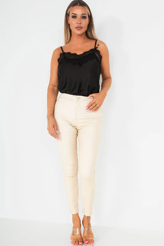 Lianna Cream High Waist Leather Look Jeans