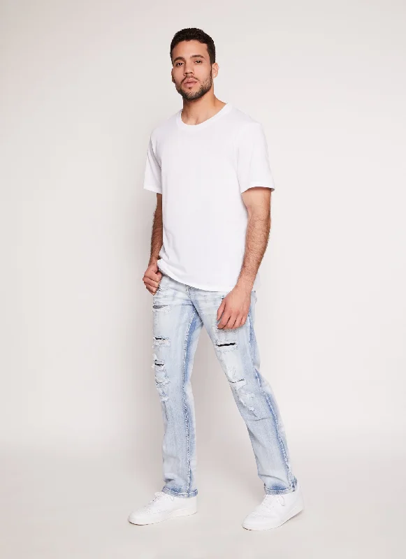 Mens Acid Wash Patch and Repair Skinny Leg Jeans