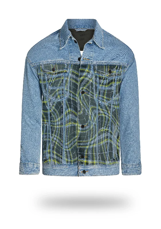 Limited Edition Acid Plaid Vintage Wash Denim Jacket - Longer