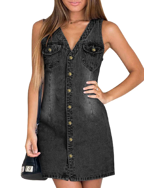 Women Sleeveless V Neck Button Down Frayed Hem Short Denim Dress