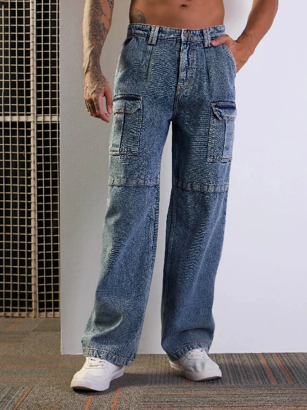 Men Blue Washed Side Pocket Baggy Cargo Jeans