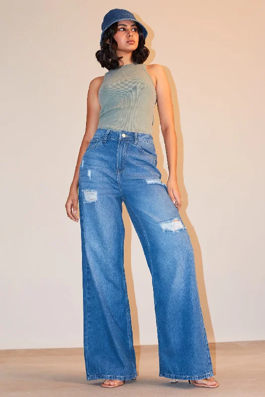 High Waisted Ultra Wide Mid Blue Jeans