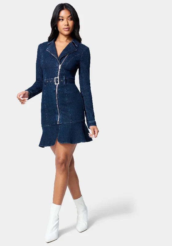 Moto Style Belted Denim Dress