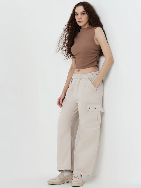 Nuon Beige Cargo-Style Straight-Fit Mid-Rise Jeans