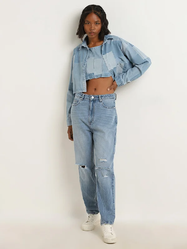 Nuon Blue Ripped Mid-Rise Straight Fit Jeans