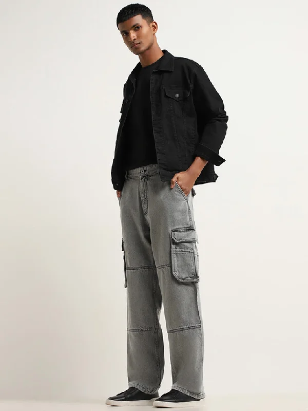 Nuon Grey Cargo-Style Mid Rise Relaxed Fit Jeans