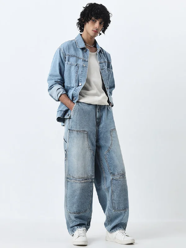 Nuon Light Blue Cargo-Style Relaxed-Fit Mid-Rise Jeans