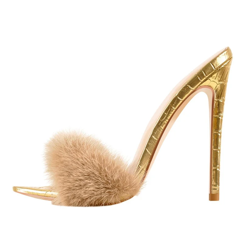 Peep Toe Mules Artificial Fur Slip On Gold White Thin High Sandals