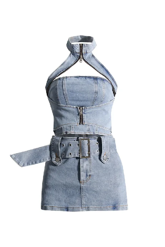 Sexy Cutout Zip Up Halter Crop Buckle Belt Two Piece Denim Micro Mini Dress