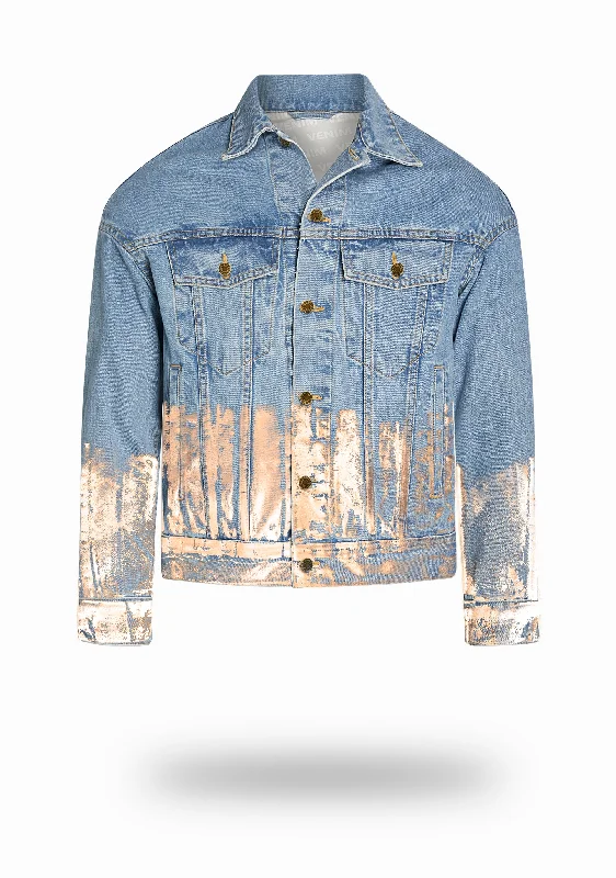 Shorter Light Wash Denim Jacket with Rose Gold Foil