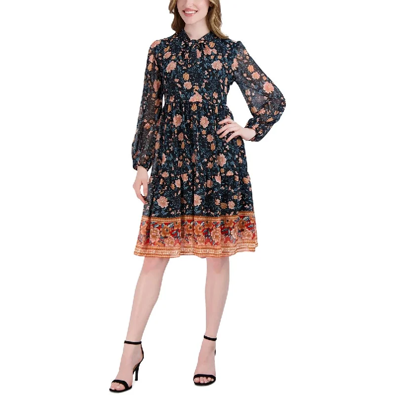 Signature By Robbie Bee Womens Petites Floral Print Chiffon Fit & Flare Dress