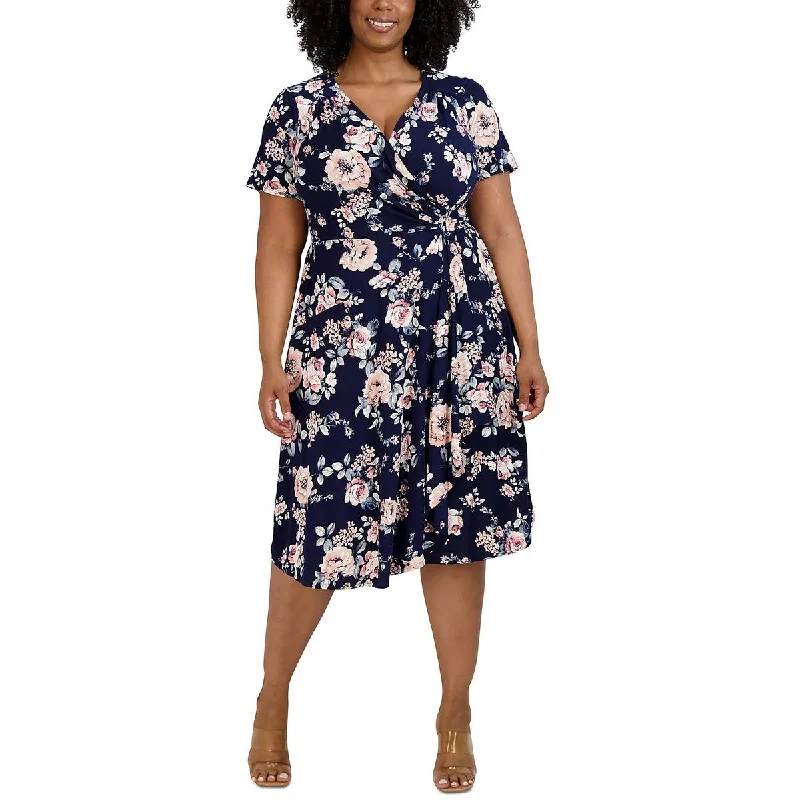 Signature By Robbie Bee Womens Plus Floral Print Midi Wrap Dress