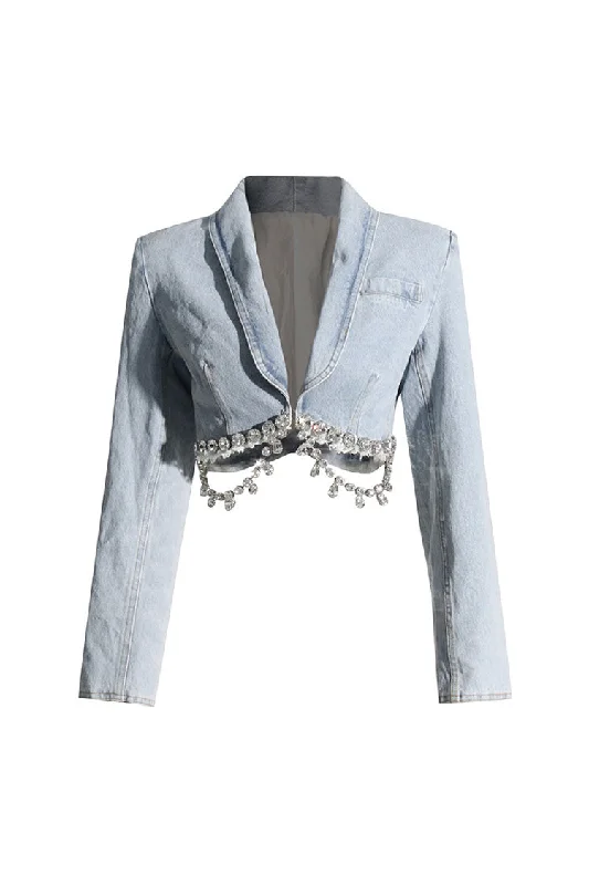 Sparkly Dangled Diamante Frayed Hem Shawl Collar Cropped Denim Jacket