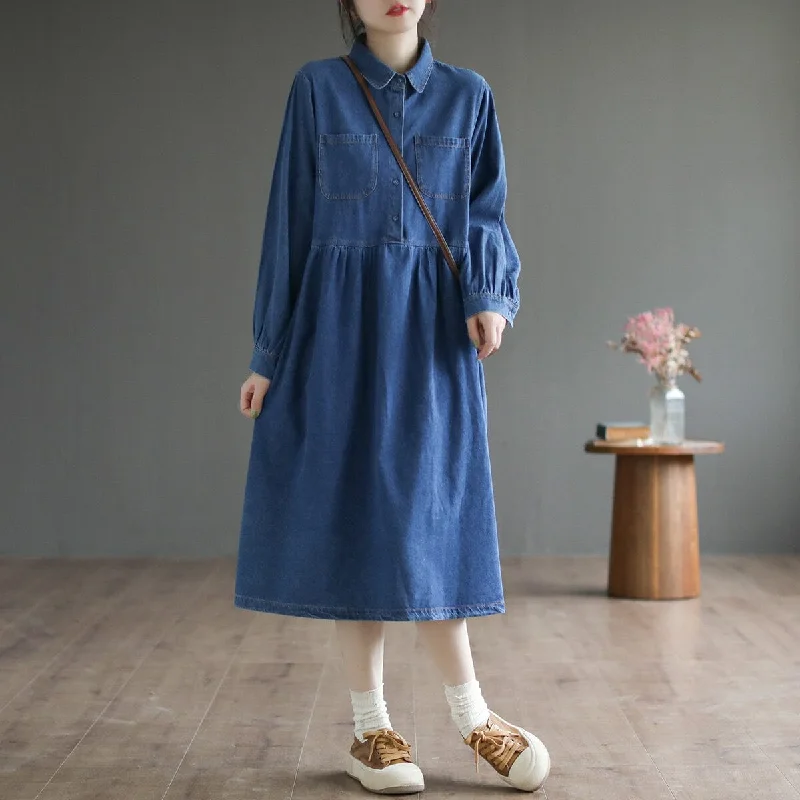 Spring Loose Solid Casual Cotton Denim Dress